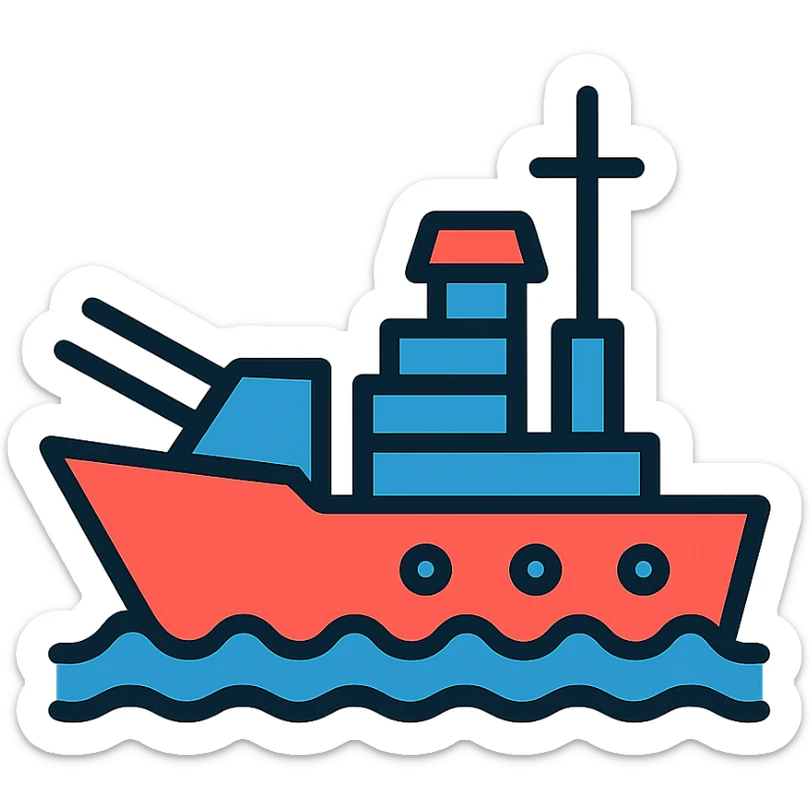 battleship icon, lineal color icon style, black outlines, minimal color accents sticker