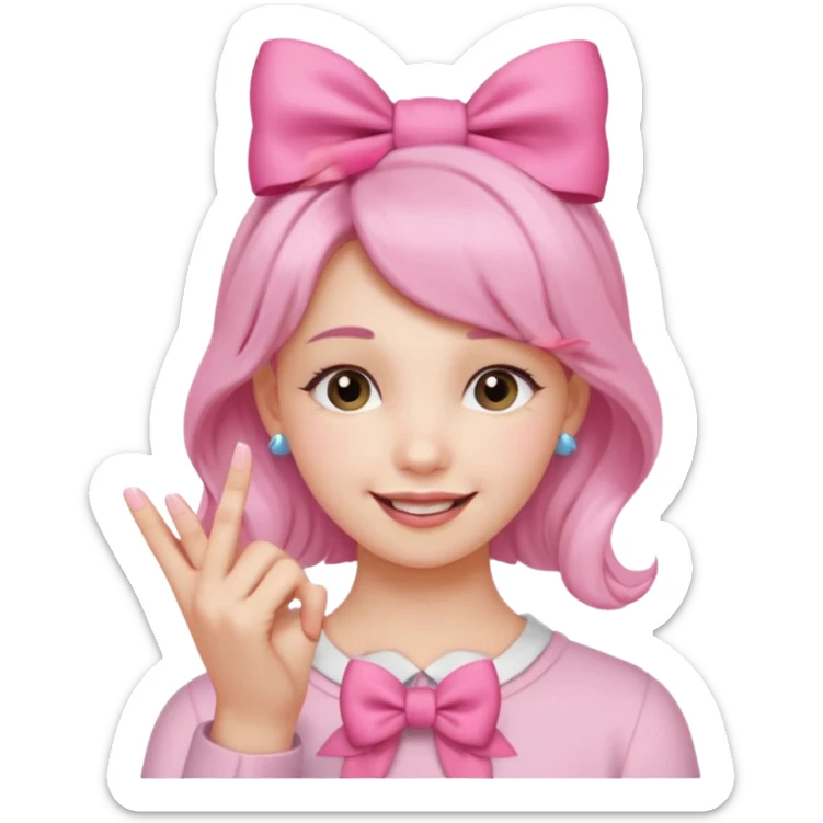 Chica sonriendo con un lazo rosa en la cabeza y mordiendose la punta del dedo indice con delicadeza y la otra mano que no salga sticker