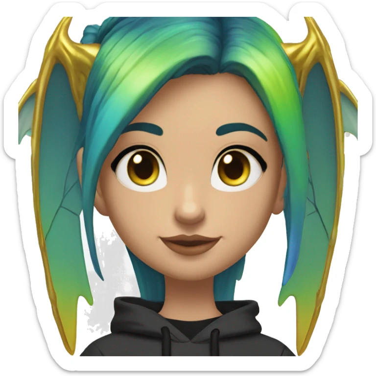 Lady with brunette and iridescent blue hair, gold, lime green dragon wings, black hoodie, oilslick holographic, black and gold Nike t shirt, and bright red eyes sticker