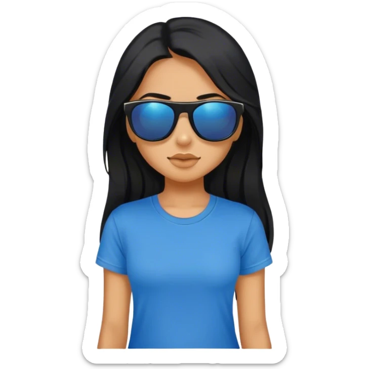 A girl with black long hair, wearing sunglasses and a blue t-shirt. sticker