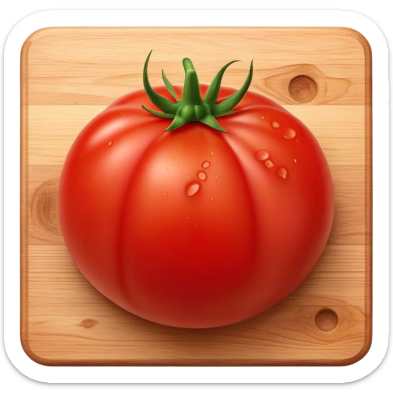 Cinematic juicy ripe tomatoe, deep red, slightly dewy, arranged on a wooden cutting board, soft glowing background, rich and flavorful. sticker