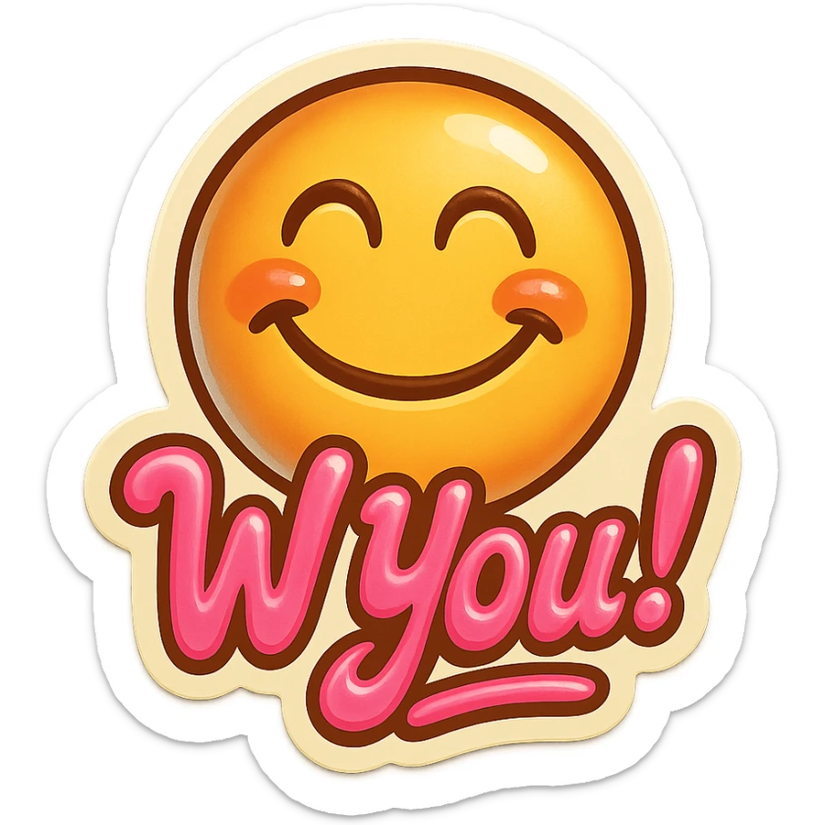 excited smile with mouth closed add the words W You! in pink sticker
