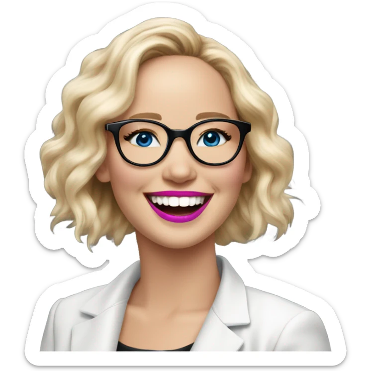 Happy laughing Jennifer Lawrence,  blue eyes wearing glasses and pink lipstick  sticker