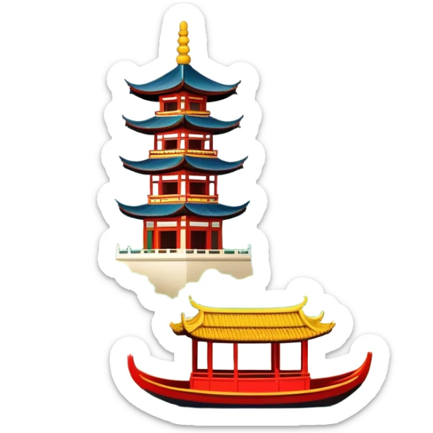 Hangzhou West Lake with traditional boat and bridge, simplified emoji style with bold outlines and bright colors, cartoon style pagoda by lake sticker