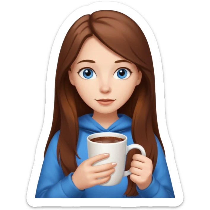 white girl with brown long hair, blue eyes and a hot chocolate sticker