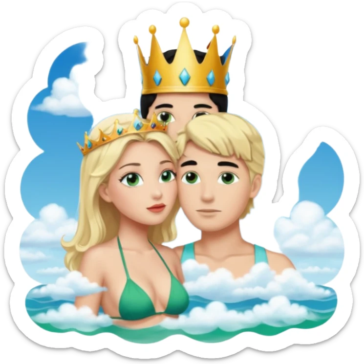 Blonde Queen with crownGreen eyes in Bikini kissing Male subject without crown black hair blue eyes Background clouds sticker