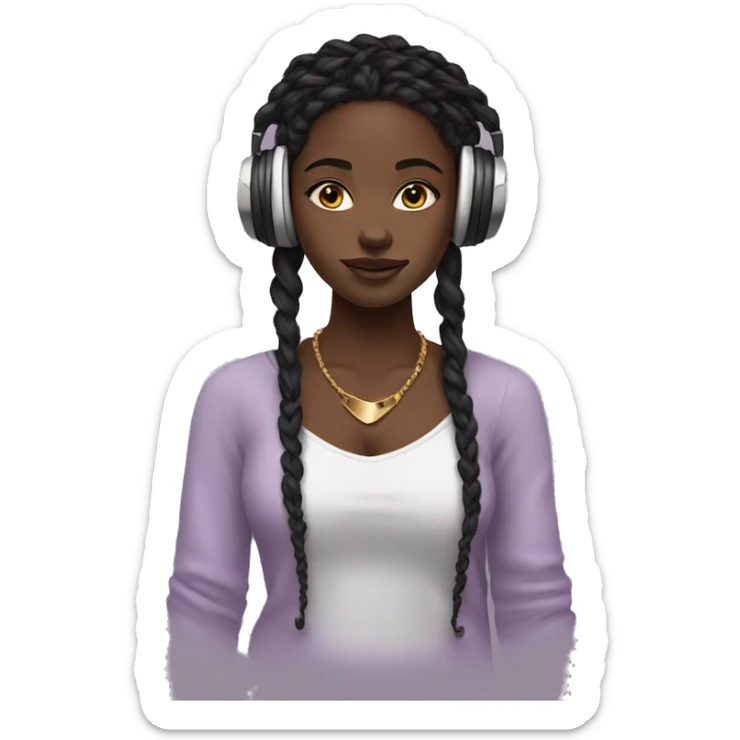 African girl. Black long twists. Wearing white headphones. Listening to music. Wearing a light purple v neck top. Gold Jewelry. Makeup. Blush. sticker