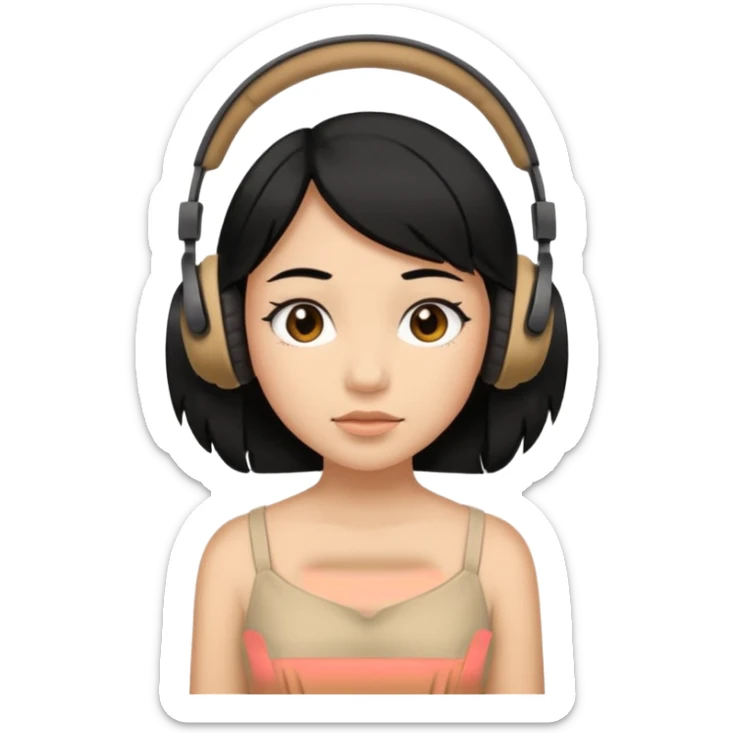 Black hair Girl wearing beige dress and  small ugly headphones  sticker