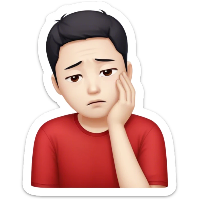A worried white skin Korean man in a red shirt, resting his head on one hand sticker