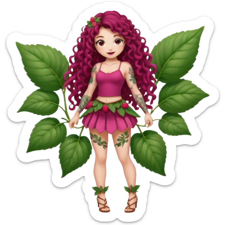 full body woman long curly brown hair brown eyes white skin tattoos muscular build raspberry fairy outfit, petal skirt, thigh vines sticker