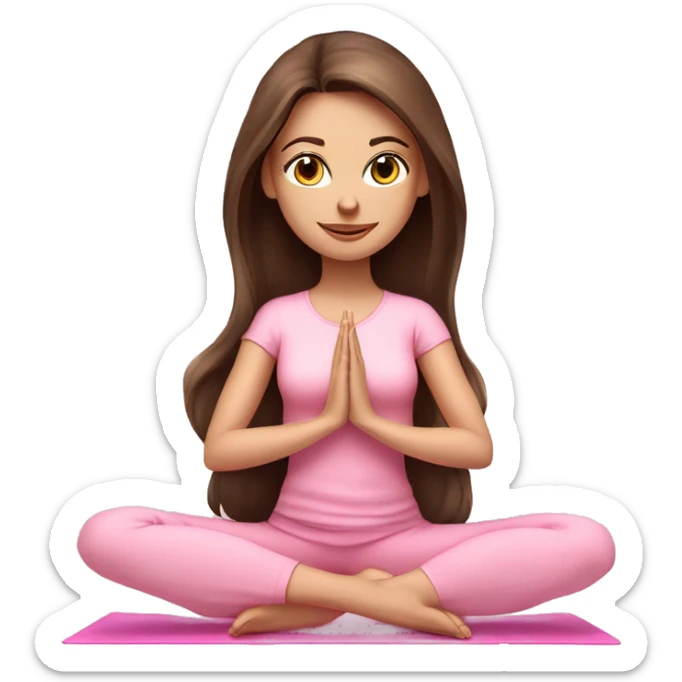 Brunette long hair and blue blue eyes yoga beautiful girl in light pink pink pink clothes sitting on a yoga mat sticker
