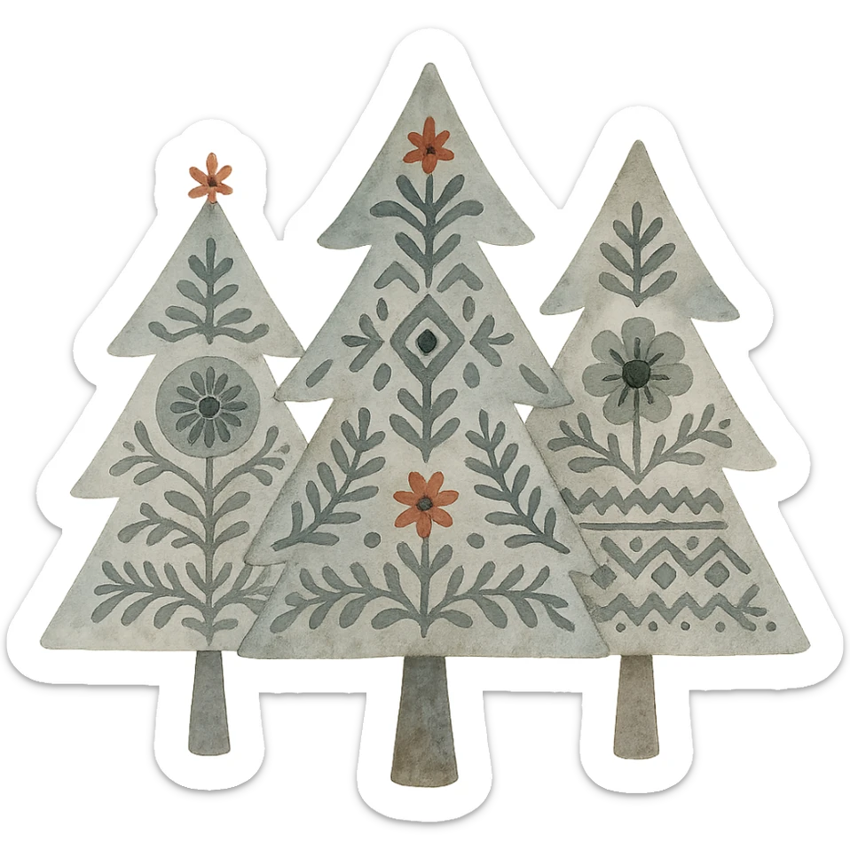 logo style illustration of evergreen trees, blending Scandinavian and Slavic folk motifs, dark neutral color tones, watercolor texture, transparent background, suitable for favicon sticker