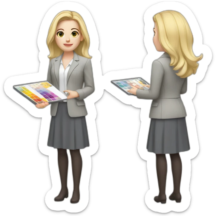 pale skin woman with cold blonde straight middle length hair, White blouse, Gray oversize jacket, Gray skirt holding a color palette in the hands sticker