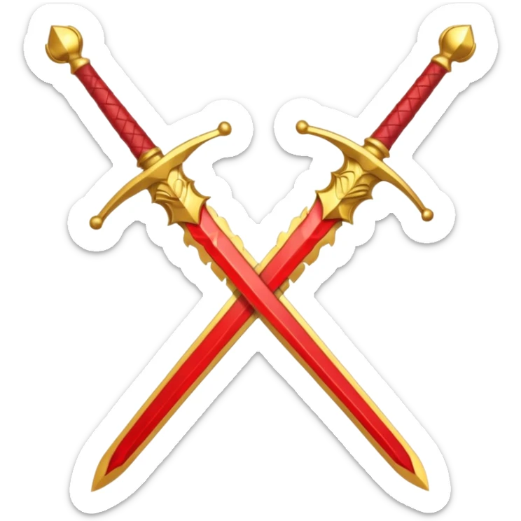 Two crossed swords that are golden in blade and handle and have fiery and royal appearence to them as well as red gem stones yellow in color sticker