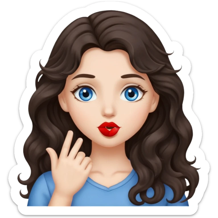 A girl with long, dark brown, wavy hair, grey-blue eyes, Sends a kiss sticker