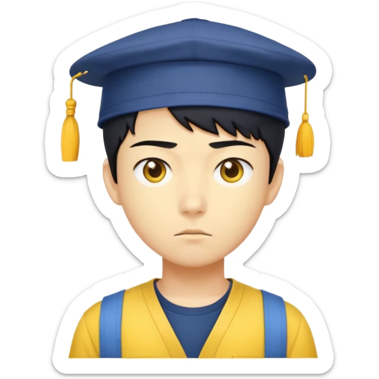 nam 20 tuổi, da vàng, tóc ngắn màu đen, đội mũ màu vàng, mặt nghiêm túc, áo xanh đậm, nửa thân trên sticker