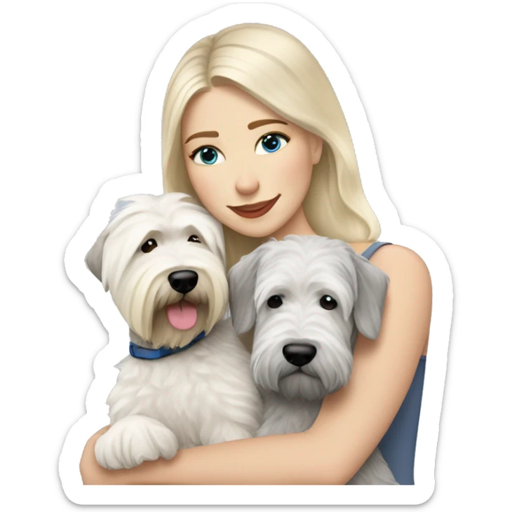 pretty woman blonde hair blue eyes hugging a white and gray soft coated wheaten terrier dog sticker