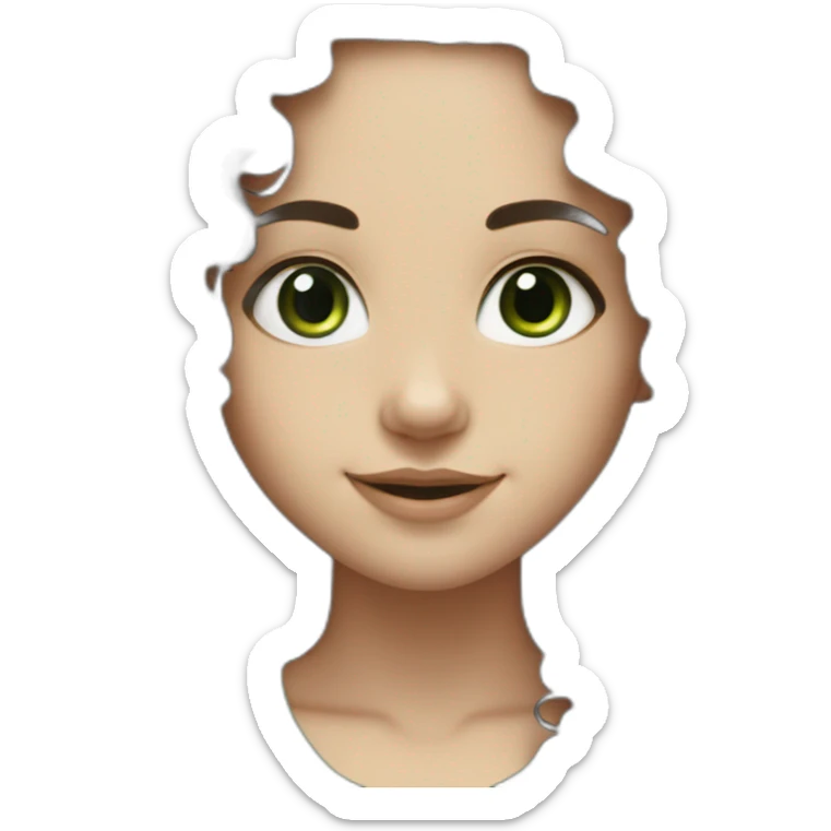 White girl with long black curly hair and green eyes smiling sticker