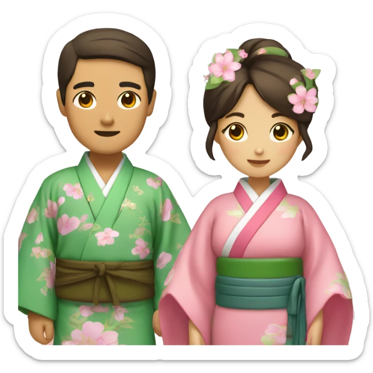 asian couple in kimono - man wearing green and brown, woman wearing pink with flora sticker