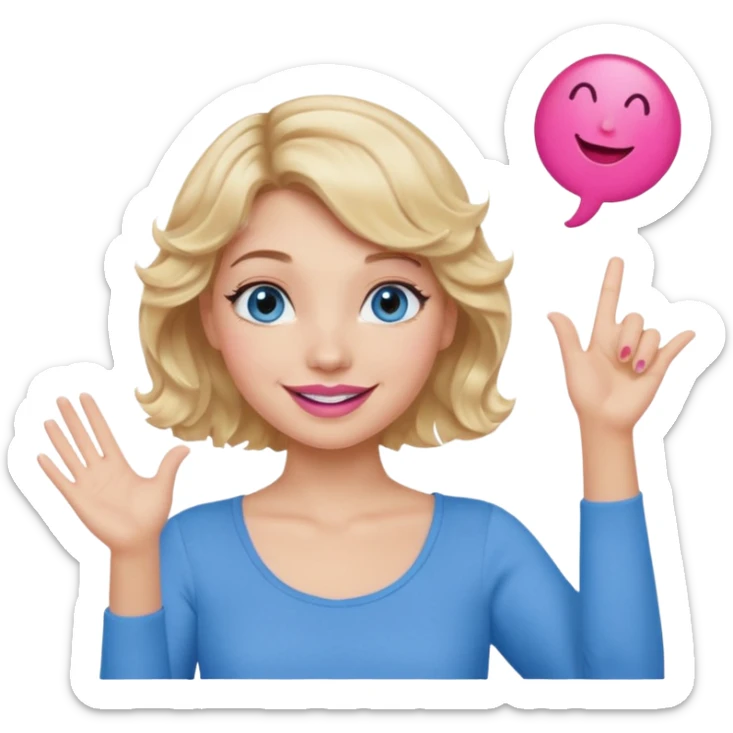 Girl Blonde short wavy hair,  blue eyes, cute blue top, long lashes, pink lips, smiling, hand in the air sticker