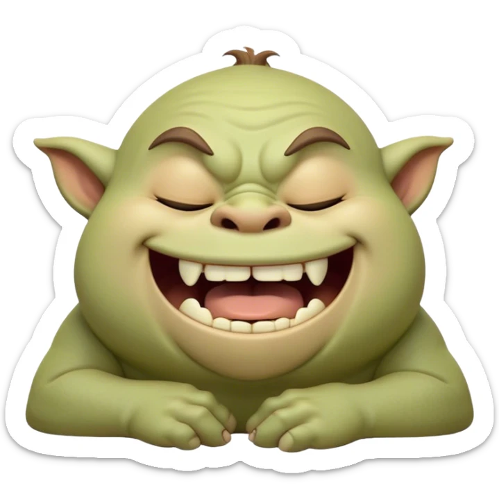 Cinematic Cute Yawning Ogre Portrait Emoji, with a surprisingly cuddly, rotund figure in soft earthy greens and browns, head tilted back in a big, gentle yawn exposing a set of comically oversized teeth, simplified yet irresistibly adorable, highly detailed with a soft glowing outline that captures the sleepy charm of a friendly ogre after a long day of gentle mischief! sticker