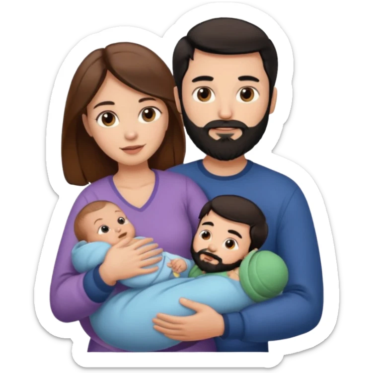 Una mujer con pelo castaño y ojos marrones  con un bebé y un hombre con pelo negro y barba sticker