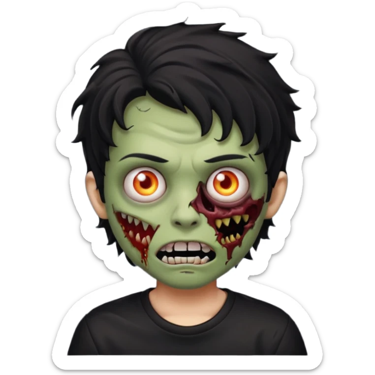 a boy with wavy hair, a zombie-shaped mouth piercing hum, and black hair with a black shirt too sticker