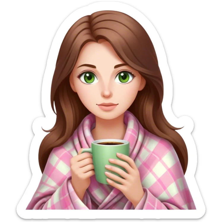 A pretty white woman with long brown hair and green eyes wrapped in pastel pink plaid blanket drinking coffee sticker