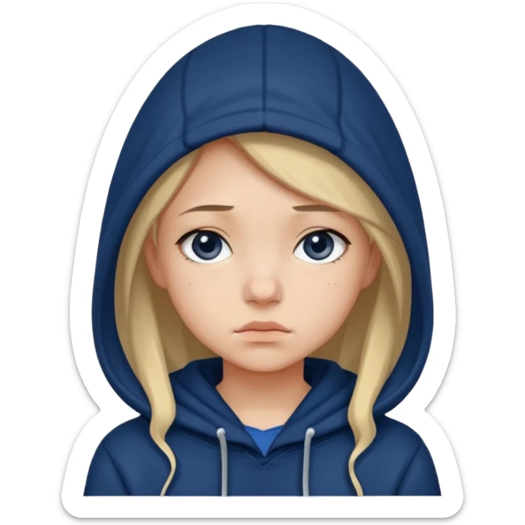 Sad girl with hood up with navy blue hoodie sticker