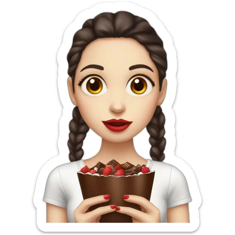 Big eyes dark brown hair red lips long eyelashes woman eating chocolate sticker