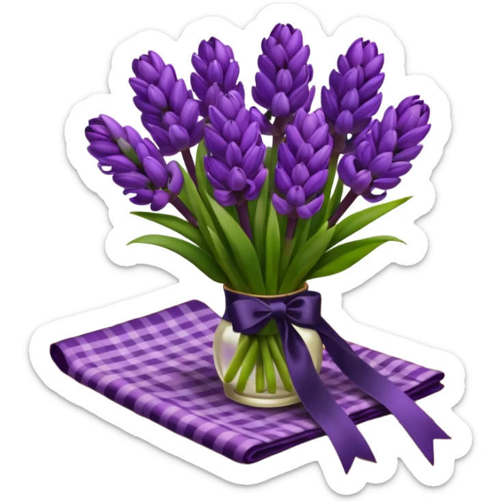 A lush bouquet of bright prple color Hyacinths black satin ribbon, resting on an antique wooden table, with a pale yellow and pink plaid pattern table cloth sticker