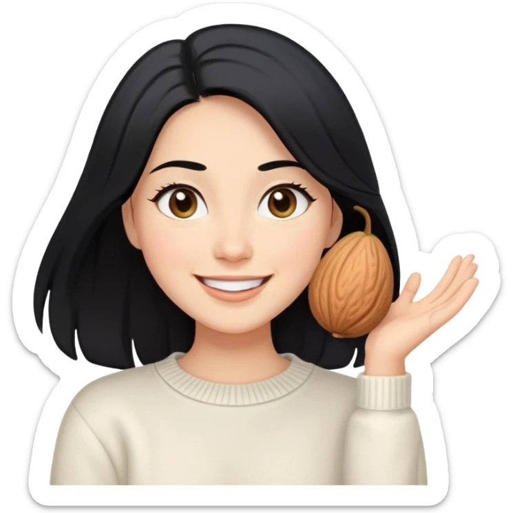 A woman with longer black hair, light to medium skin tone, full cheeks, and almond-shaped eyes, wearing a simple white sweater, joyful and radiant expression, cheerful, smiling. sticker