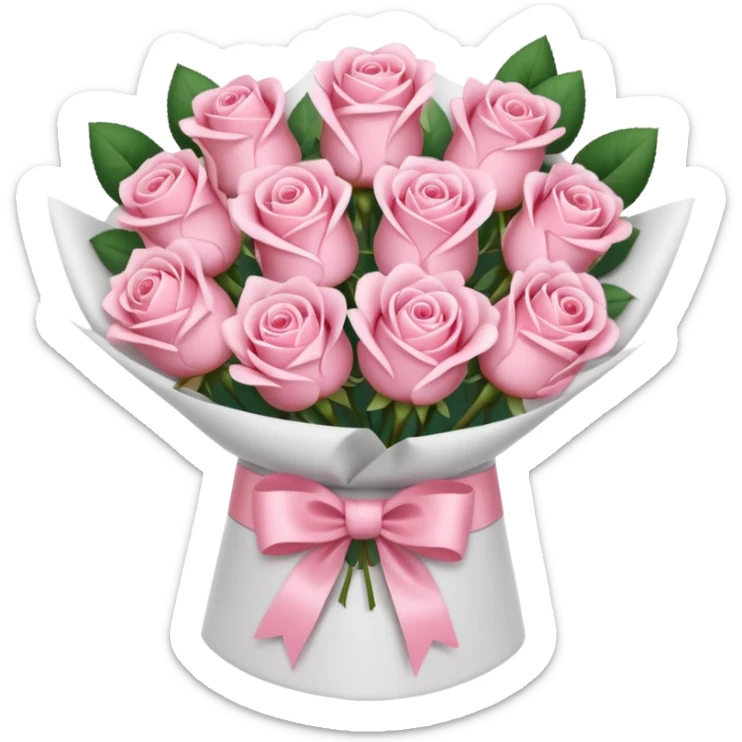 light pink bouquet of roses wrapped in white wrapping paper with pink bow sticker