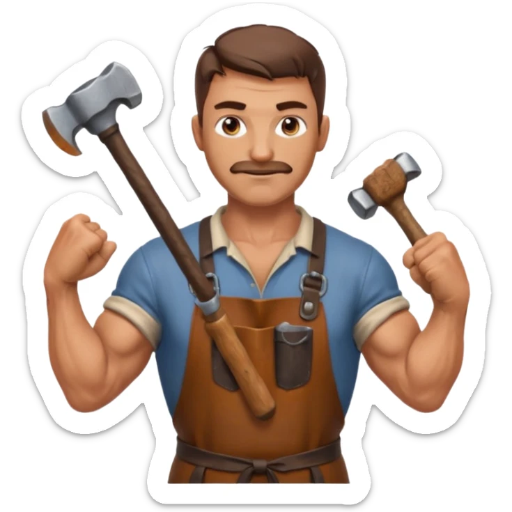 Emoji portrait of a Celtic blacksmith. Work clothes, muscular arms, holding a hammer and wearing a leather apron. sticker