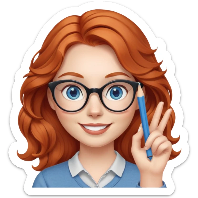 redheaded woman with long wavy hair, blue eyes, cat-eye glasses, casual outfit, holding a pencil, smiling, waving sticker