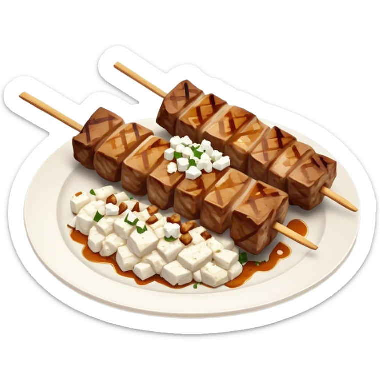 Souvlaki Cinematic Realistic Souvlaki Dish Emoji, depicted as skewered, grilled meat served with a side of crumbled feta cheese, rendered with rich textures and dynamic, appetizing lighting. sticker