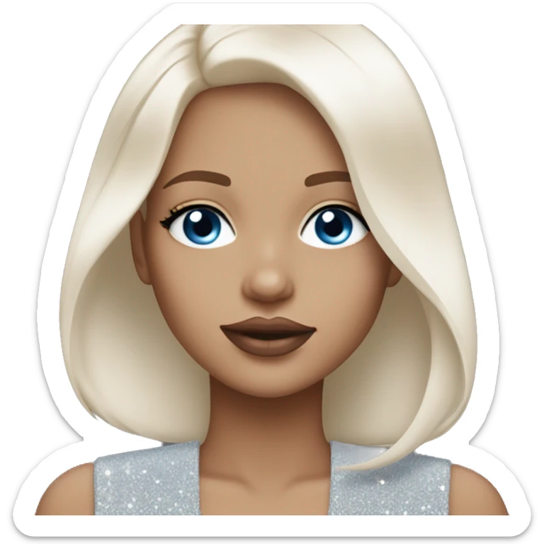 Girl medium length white straight hair, blue eyes, light pink beige glittery lips sticker