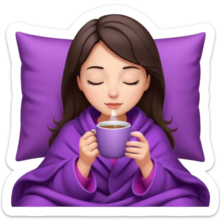 girl brunette inside a violet blanket sipping coffee from pink mug eyes closed sticker