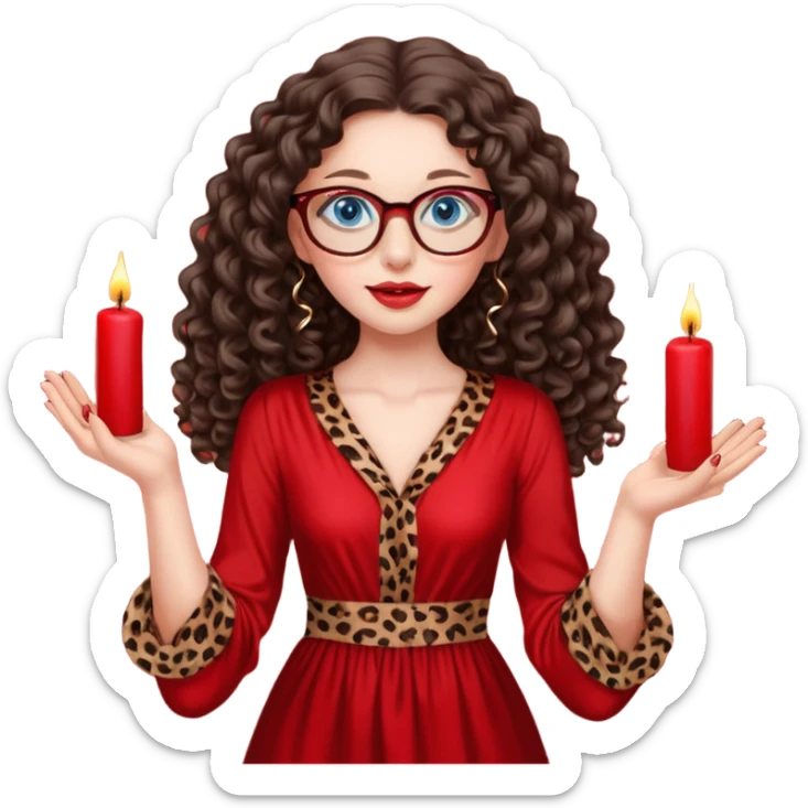 a blue eyed woman with very long brunette curly hair, full lips,and really pale skin. She is wearing a leopard printed thin round-ish glasses . She is wearing fully plain silky red dress. She is flying on the air. There are red candles in her hands. She is making a magic. sticker