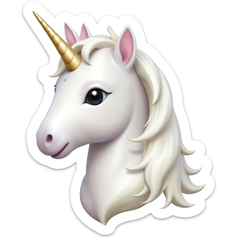 Cinematic Cute White Unicorn Portrait Emoji, Head tilted playfully and inquisitively, featuring a charming, petite form with a silky white color, a delicately flowing mane and tail, and a tiny, sparkling horn, with large, dreamy eyes full of wonder, Simplified yet irresistibly adorable features, highly detailed, glowing with a warm, enchanting glow, high shine, affectionate and lively, stylized with a touch of fairy-tale whimsy, soft glowing outline, capturing the essence of a mischievous yet endearing white unicorn that seems as if it could gallop out of the screen into your heart! sticker