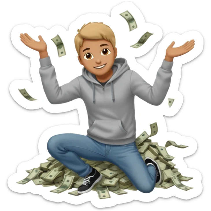 casually dress person in jeans and a hoody jumping into a pile of money sticker