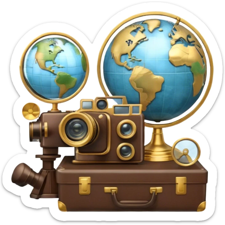 Icon for Documentary Film: A vintage movie poster style with a film reel, a camera, and a globe symbolizing exploration and knowledge. Include elements like a notebook, magnifying glass, and nature or historical visuals to evoke a sense of discovery. Transparent background. sticker