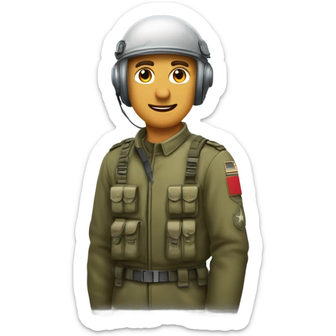 Homme militaire blanc avec des cheveux bruns. Il porte un équipement bariolé et un casque  sticker
