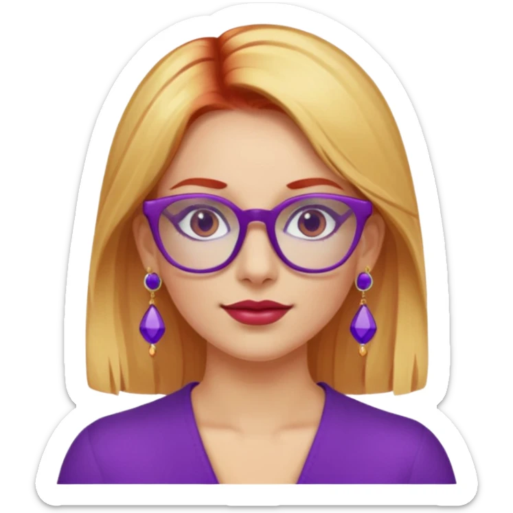fai una signora con i capelli sia biondi che rossi con gli occhiali viola pieni di orecchini sticker