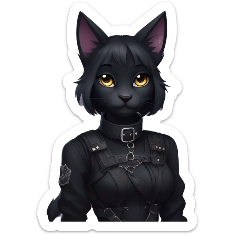 Gorgeous gothic dark techwear anime style anthro black cat furry with blushing face aesthetic and pretty edgy black with collar and harness trending style sticker