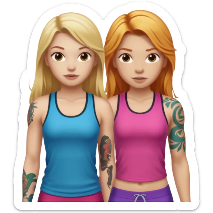girl with long blonde hair and tattoos next to an athletic ginger girl colorful clothes sticker