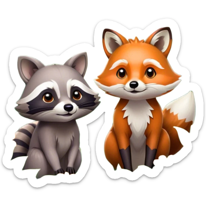 Collage of a raccoon and a fox, in close-up, set in a beautiful forest with tall trees, green bushes, and sunlight filtering through the leaves and flowers. A vibrant, wild atmosphere with a transparent background. sticker