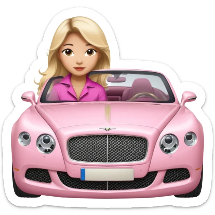 An Asian lady with long Balayage hair with blonde highlights, posing next to a pink Bentley  sticker