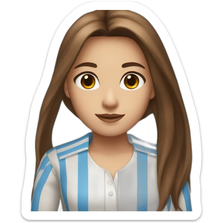 Girl with brown eyes and brown long and straight hair and white shirt with blue stripes sticker