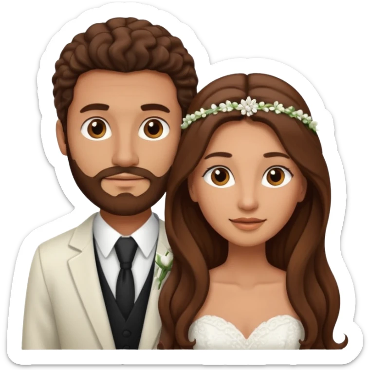 wedding couple woman with long straight brown hair and eyes man with long brown curly hair and facial hair sticker